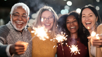 Diverse Age multiracial Group of people celebrating New Year with sparklers, smiling and enjoying festive outdoor event