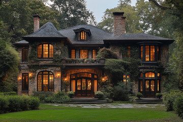 Wall Mural - Stone Mansion Illuminated at Dusk Evening Ambiance