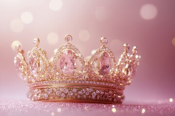 Wall Mural - Shimmering pink crown adorned with jewels on sparkling background