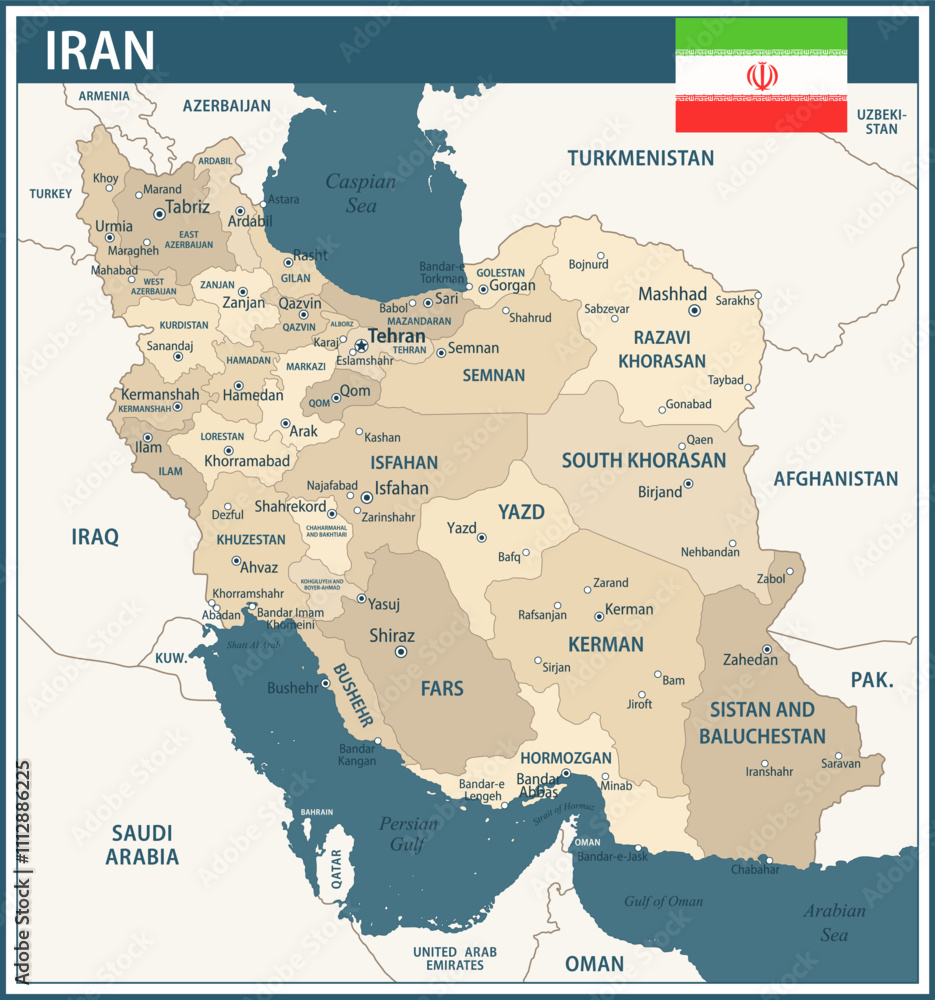 Iran Map Vector Vintage Dark Blue Beige - Customizable layered ...