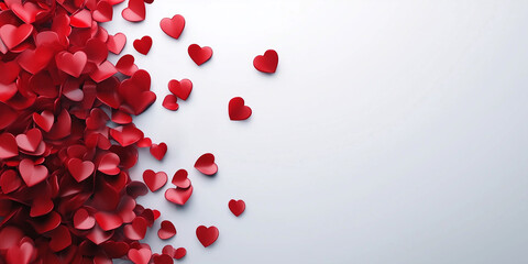 Wall Mural - Love valentine background with red petals of hearts on background. Vector banner, postcard, background. The 14th of February