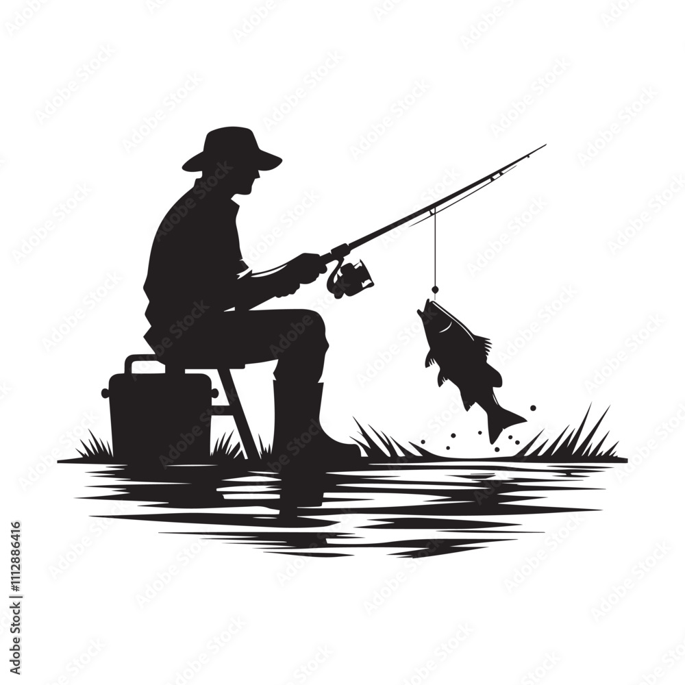 Fishing With Rod Pose Silhouette Recreational Angler Illustration In 