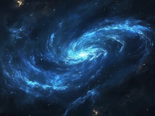 glowing blue nebula swirls in dark space.