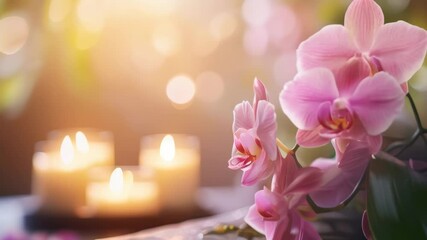 Aufkleber - Serene spa setting with pink orchids, candles, and soft light for relaxation and wellness. Perfect for self care, meditation, and beauty treatments