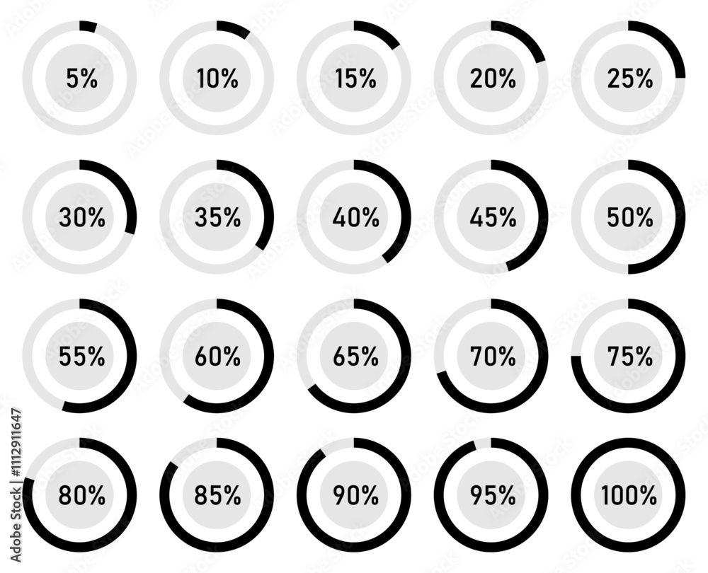 Set of black infographic percentage pie chart icons. Set of round
