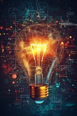 Poster - Glowing Lightbulb with Creative Wireframe Design, Symbolizing Ideas, Innovation, and Technological Breakthroughs in a Futuristic Context, Generative AI
