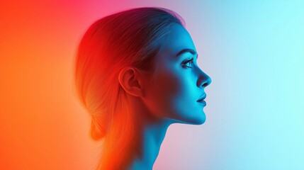 Aufkleber - Artistic neon profile portrait of a woman with vibrant blue and red lighting, symbolizing modern elegance, creativity, and futuristic expression, Generative AI