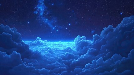 Wall Mural - Starlit Sky: A Serene View of Clouds Under the Night Sky with Dazzling Stars and Peaceful Blue Hues