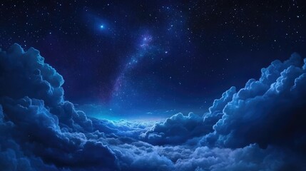 Wall Mural - Starry Night Sky Above Clouds: A Serene Blue Background with Ethereal Lights and Nature's Beauty