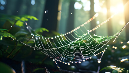 spider web with dew drops in the morning light in the forest