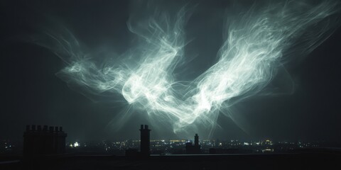 Wall Mural - Radiant smoke swirling dynamically above a rooftop, pierced by intersecting beams of light, distant city lights shimmering softly against the depth of a dark void