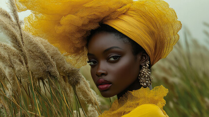 Wall Mural - The elegant model showcases a striking yellow ensemble adorned with a large headpiece, surrounded by tall grass in a serene outdoor setting