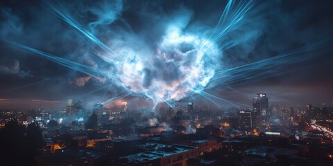 Wall Mural - Radiant smoke swirls captured mid-motion on a sprawling urban rooftop, pierced by a web of intersecting spotlight beams, framed by distant city lights and a dramatic shadowy void