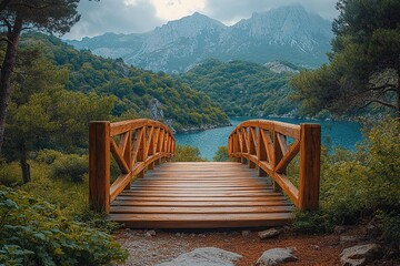 Wall Mural - Wooden bridge on green forest and mountains background