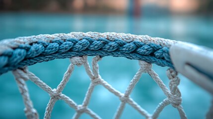 Close-up of braided blue and white rope netting against a blurred turquoise water background.
