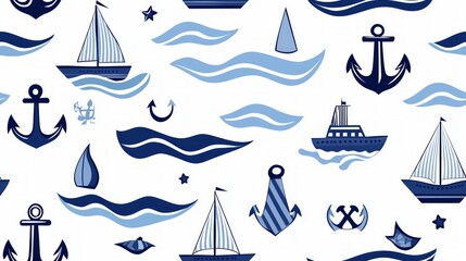 Nautical Summer Seamless Pattern with Boats and Anchors