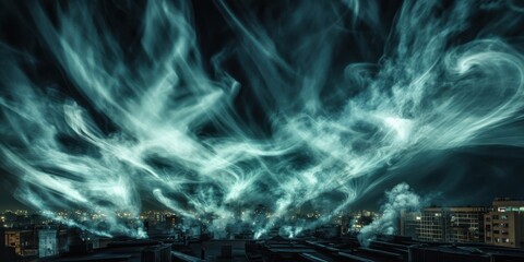 Wall Mural - Sweeping urban rooftop scene alive with swirling smoke illuminated by spotlight beams, immersed in the infinite shadows of a dark night void