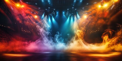 Wall Mural - Swirling colorful smoke in constant motion, surrounded by radiant spotlight beams illuminating an arena stage, against a stark dark void