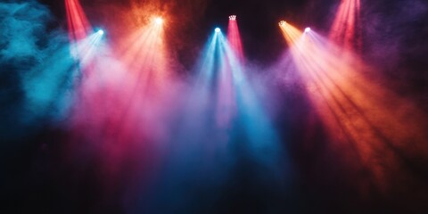 Wall Mural - Swirling colorful smoke radiating on an arena stage, surrounded by beams of light cutting through the shadowy concert atmosphere of a dark void