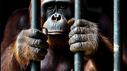 a caged orangutan grips bars tightly, symbolizing the impact of illegal capture and trade. concept o