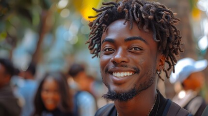 Closeup portrait of a smiling young Black man with dreadlocks. Hes outdoors, wearing casual clothes. The background is softly blurred.