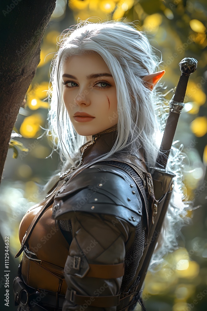 Pretty female elf warrior with white hair and leather armor in a ...