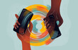 © Marusya Wrobel/Stocksy - Hands exchanging smartphones in a colorful digital interaction