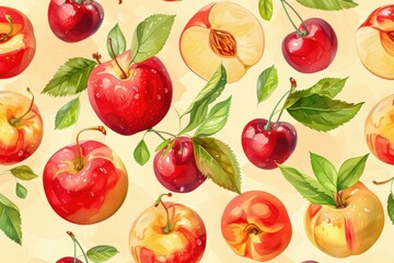 Wall Mural - A vibrant pattern featuring various apples and cherries with leaves.