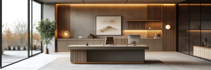 Wall Mural - a sophisticated, modern office interior with minimalist design elements, featuring a sleek desk, com
