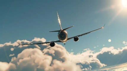 Wall Mural - A large commercial aircraft flies through a cloudy sky, with contrails forming behind it