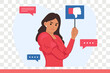 © drawlab19 - Woman hater shows dislike on sign and expresses critical opinion and negative feedback about product. Problem of consumer terrorism is demonstrated by hater girl leaving bad review