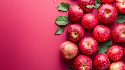 Poster - Red apples with green leaves on a vibrant red background