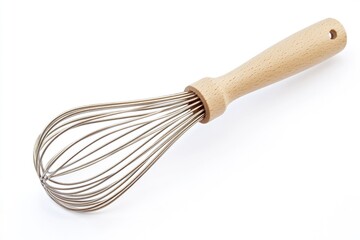 A close-up of a whisk with a natural wooden handle on a clean white surface