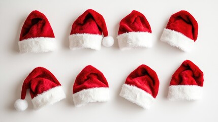 Canvas Print - A row of festive red Santa hats placed neatly on a white surface, perfect for holiday decorations or gift wrapping