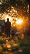 © aicandy - A person and dog walking together during a beautiful golden hour as the sun sets in a serene neighborhood setting surrounded by nature.