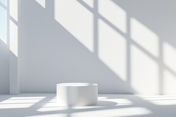 Wall Mural - Empty white cylinder podium in modern studio setting. Sunlight casts shadows from windows on white walls. Minimalist scene perfect for product presentation brand advertising. Ideal for cosmetics