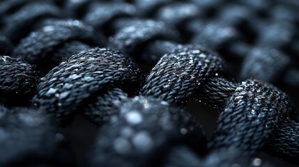 Extreme close-up of dark woven fabric texture with intricate knots and details.