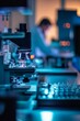 © Murda - Microscope in lab, blurry background, scientific research.