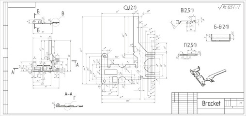 Wall Mural - assembly drawing of bracket with cross section. vector design of steel mechanical device with dimens