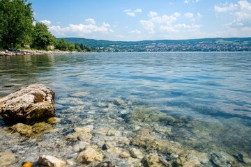 Wall Mural - a large rock situated in the middle of a calm lake, surrounded by clear blue water and lush greenery