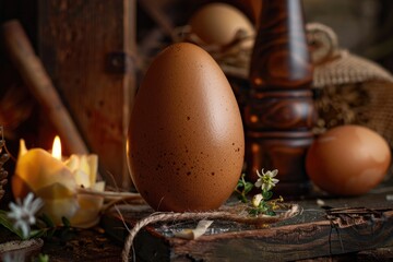 A single brown egg resting on the surface of a wooden table