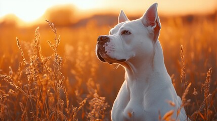 Wall Mural - White dog in golden light field, elegant and calm, close-up portrait, natural outdoor setting, warm sunset, loyal companion, serene and peaceful moment