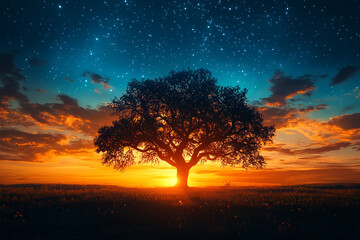 Wall Mural - Lone Oak Tree Silhouetted Against Vibrant Sunset Sky