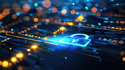 Cybersecurity technology concept with glowing digital lock and data network connections