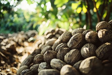 Poster - A pile of nuts sits atop a forest floor, surrounded by trees and foliage