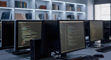 Monitors displaying code in modern computer lab