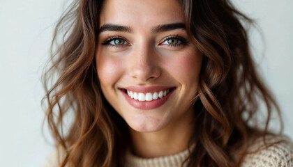 Wall Mural - Young beautiful woman with long wavy brown hair, smiling in beige sweater on white background.