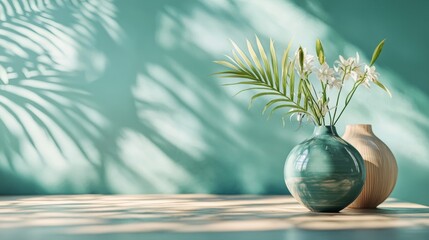 Canvas Print - Shadows and vases with flowers against a mint green wall