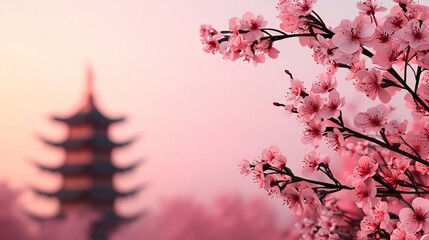 Wall Mural - Serene Pink Cherry Blossoms Pagoda at Sunset Asian Spring