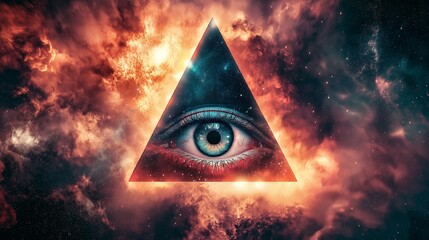 Poster - Surreal cosmic eye enclosed in a glowing triangle, symbolizing mystery, vision, and the imaginative realms of art and the universe, Generative AI